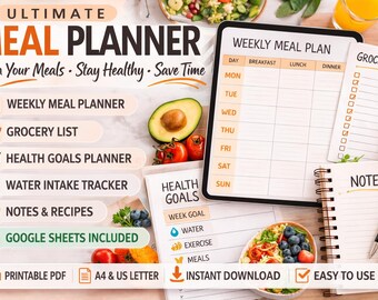 Digital Meal Planner | Weekly Meal Plan, Grocery List, Goodnotes, Google Sheets, Healthy, Fitness planners