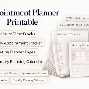 Könnte beinhalten: Eine Sammlung druckbarer Terminplaner. Das Bild zeigt den Titel "Appointment Planner Printable". Die Planer enthalten Abschnitte für 15-Minuten-Zeitblöcke, tägliche Terminverfolgung, Besprechungsplanerseiten und einen monatlichen Planungskalender.