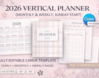 2026 Vertical Planner | Monthly Weekly Sunday  Start | PLR Commercial Use Resell Rights Yearly Calendar