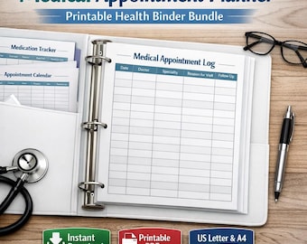 Medical Appointment Planner Printable | Doctor Visit Log +  Medication Tracker + Health Calendar | Instant Download PDF