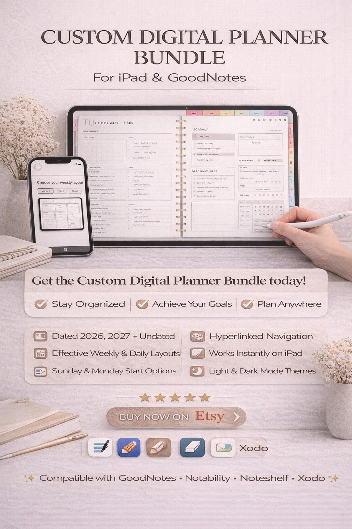Custom Digital Planner Bundle 2026 2027 Undated | Hyperlinked Goodnotes ...