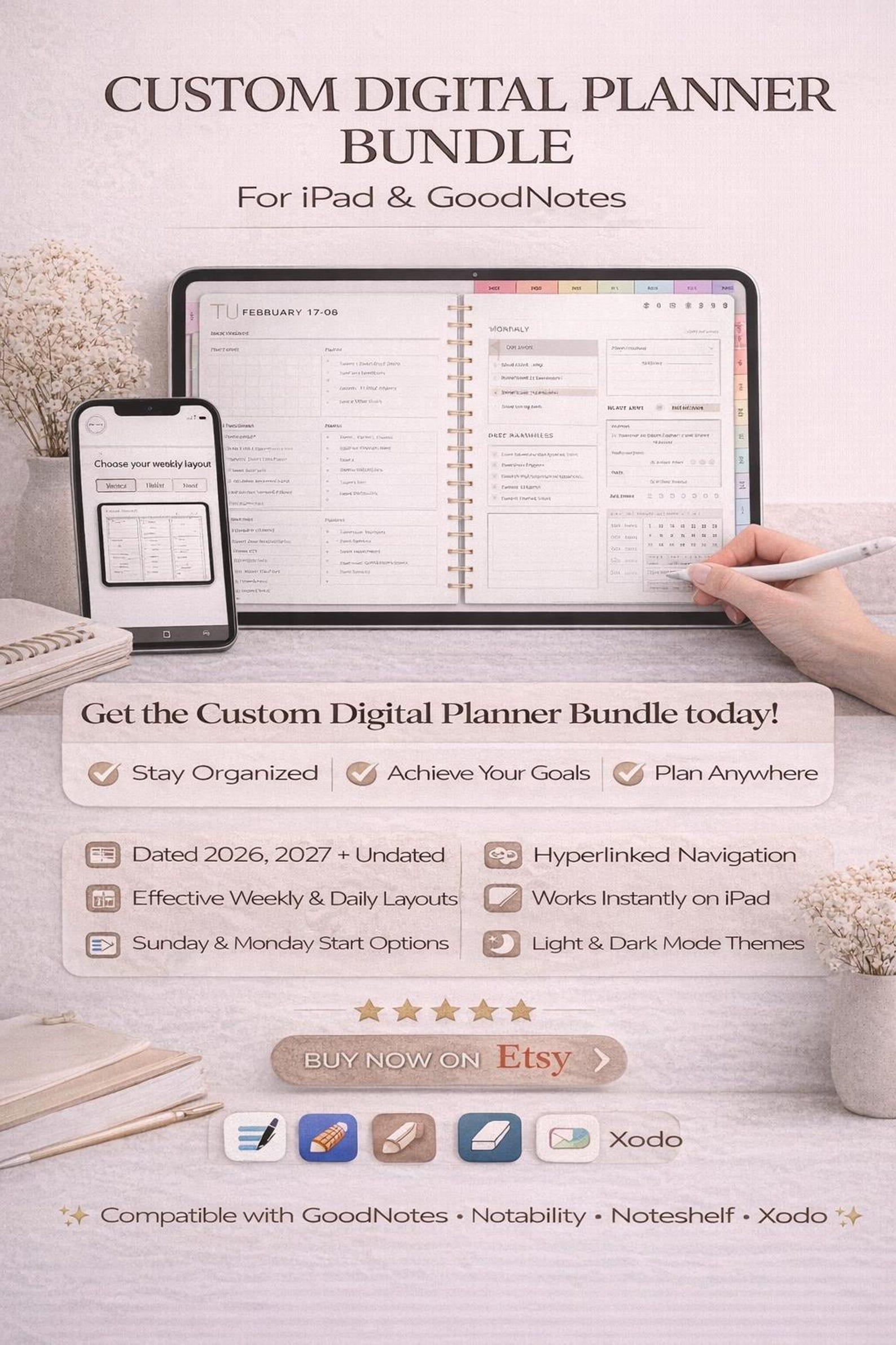 Custom Digital Planner Bundle 2026 2027 Undated | Hyperlinked Goodnotes ...