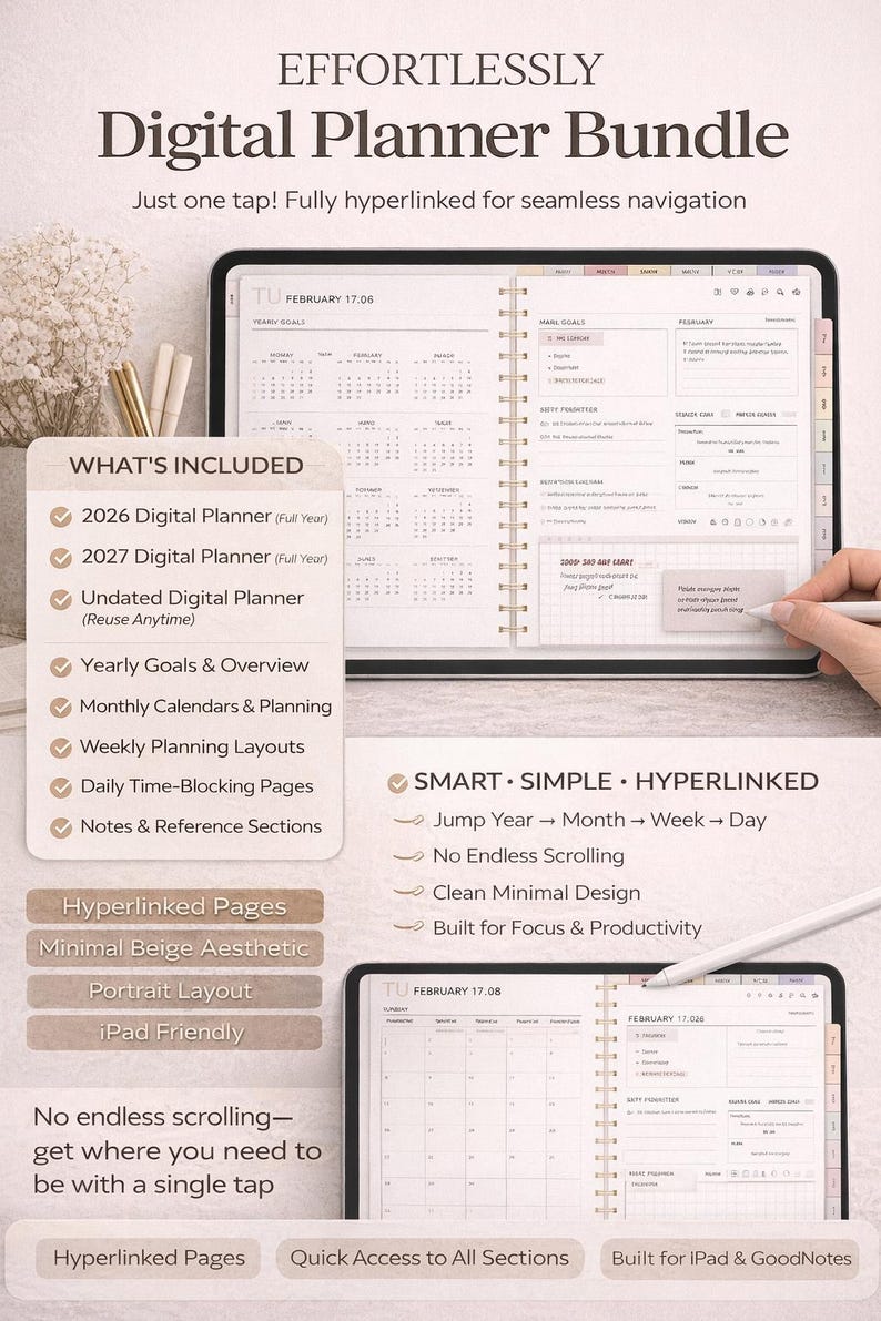 Custom Digital Planner Bundle 2026 2027 Undated | Hyperlinked Goodnotes ...