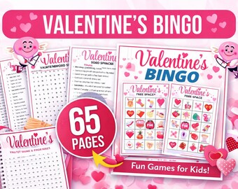 Valentine's Day Bingo Cards Printable | 65 Colorful Kids  Classroom Party Game | Fun Group Activity