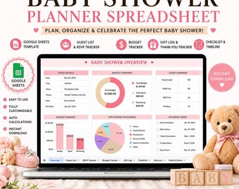 Baby Shower Planner Spreadsheet | Google Sheets | Guest List Budget Tracker | Baby Organizer Party