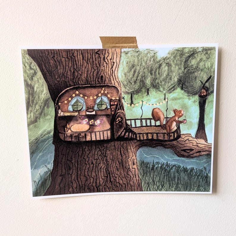 Treehouse Print Whimsical Squirrel Treehouse Art Print, Woodland Nursery Decor, Cozy ...