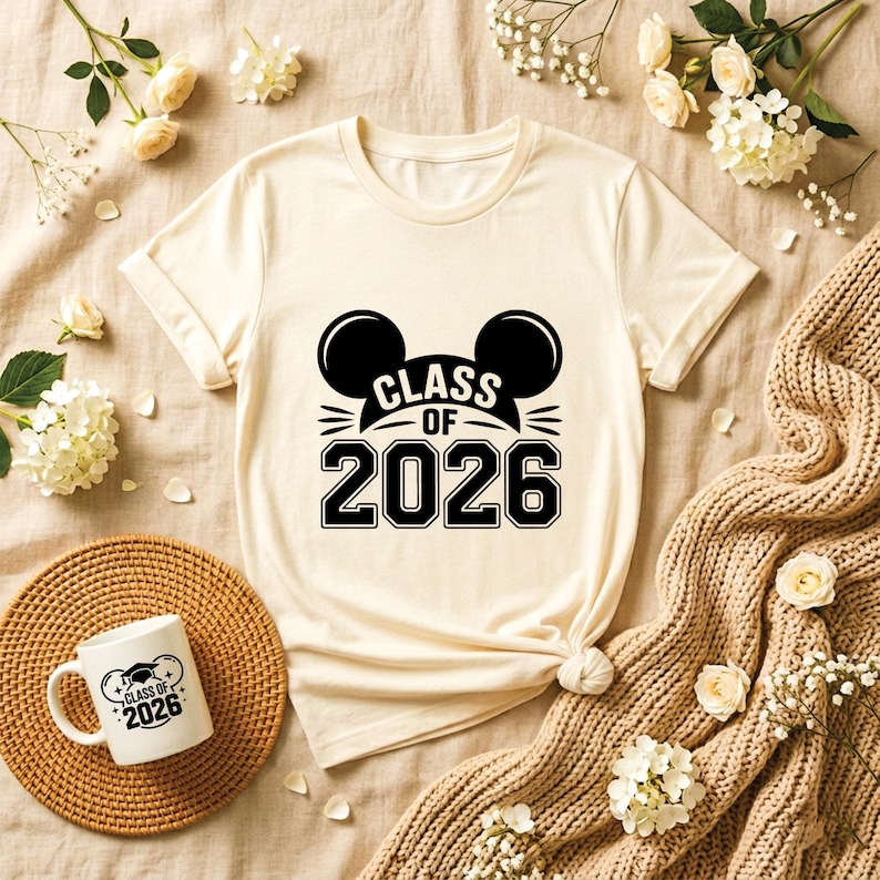 May include: Cream-colored t-shirt with a black graphic that reads "Class of 2026" in a playful font, with mouse ears above the text. A matching mug with the same design is also visible. The shirt is knotted at the bottom.
