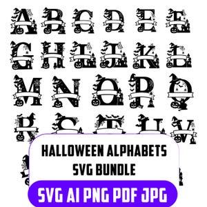 Halloween-Alphabet-SVG-Bundle, gruselige Monogrammbuchstaben (SVG), Hexenhut-Kürbis-Schriftart (SVG, PNG, AI), Halloween-Split-Buchstaben, Cricut Silhouette
