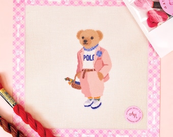 Ready to stitch Needlepoint Kit - Pink Suit Bear - Beginner-Friendly Set