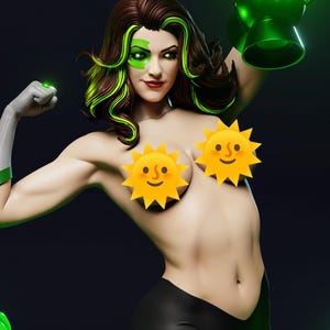 May include: A digital art rendering of a female superhero with brown hair highlighted with green streaks. She wears black leggings, a green mask, and holds a glowing green lantern. Her left arm is flexed, and her right arm holds the lantern.