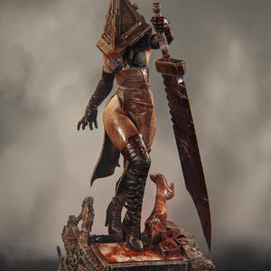 May include: A detailed figurine of a figure wearing a large, triangular, rusted metal headpiece, a dark brown leather-like apron, and high-heeled lace-up boots. The figure holds a massive, weathered, serrated blade and stands on a textured base.