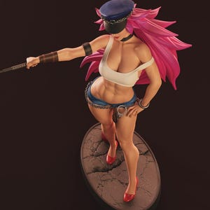 May include: A figurine of a character with pink hair, wearing a blue cap, white top, and denim shorts. The figure is posed with a whip in one hand and a handcuff on the waist. Red heels complete the look. The figure stands on a cracked, oval base.