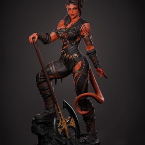 May include: A detailed figurine of a female demon warrior, posed with a battle axe. The figure has red skin, black leather armor, and a long, curved tail. The axe has a gold-colored blade and handle. The figure is standing on a rocky base.
