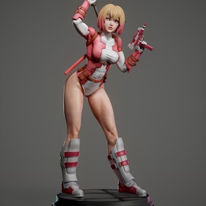 May include: A detailed figurine of a female character in a dynamic pose, holding a katana and a pistol. The figure wears a pink and white bodysuit, with matching boots and arm guards. The character has blonde hair with pink highlights and stands on a black base.