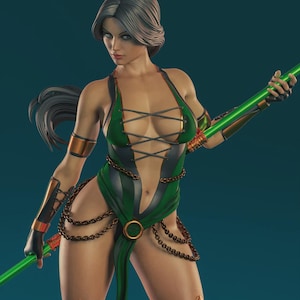 May include: A digital art rendering of a female character in a green and black outfit, holding a glowing green staff. The character has gray hair and is adorned with gold and bronze accents. The outfit features chain details and a revealing design.