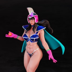 May include: A detailed figurine of a warrior character wearing a pink helmet with a crest, a blue and silver armored bikini top, and matching bottoms. The figure has long dark hair, wears pink gloves, and holds a small orange sphere with stars.