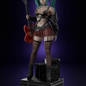 May include: A 3D-rendered figure of a woman with teal hair in pigtails, wearing a black leather jacket, bra, and a red plaid skirt. She holds a red electric guitar and stands on a black box with a speaker. The figure is wearing black boots.