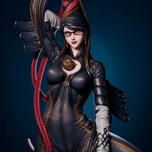 May include: A detailed figurine of a woman in a black bodysuit with gold chain accents. She wears glasses and has long black hair with red ribbons. The figurine has a decorative pendant and is posed with one arm raised.