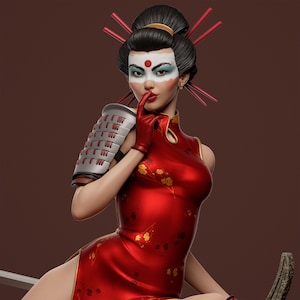 Puede incluir: Ilustración digital de una mujer con un vestido rojo con detalles florales dorados, una máscara facial blanca y un punto rojo en la frente. Lleva guantes rojos y un peinado tradicional con palillos rojos. Se ve una armadura plateada en el hombro.