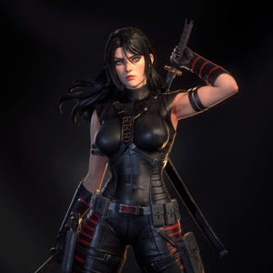 May include: A detailed statue of a woman in a black tactical suit, holding a sword and a pistol. The suit has red accents and straps. The woman has long black hair and is looking forward.
