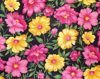 Cosmos Pink & Yellow, Green Leaves on Black Fat Quarter
