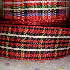 Tartán a CUADROS de 1" 100 % RAYÓN Cinta de tafetán Rojo y negro Stock antiguo de tienda vintage BTY