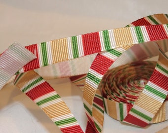 6yds 3/8" Rust Green Gold Tan Railroad Stripe Taffeta Grosgrain Ribbon