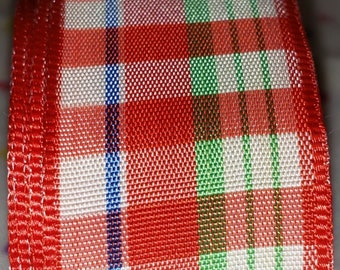 1" PLAID Tartan 100% RAYON Taffeta Ribbon Red Green Blue White BTY Vintage Old Store Stock Barrettes Flower Floral Bows Headbands Millinery