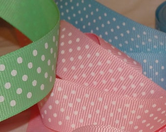 7/8" Dotted Swiss Grosgrain Ribbon Blue Pink or Green Choice White Dots  Old Store Stock BTY