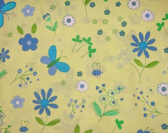 Teddy's Garden Benartex Butterflies & Flowers Cotton Screen Print in Honeydew Melon and Turquoise Fat Quarter