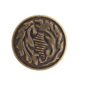 May include: A gold-toned metal button featuring a detailed design of two stylised leaves and a central motif. The button has a dark brown finish.