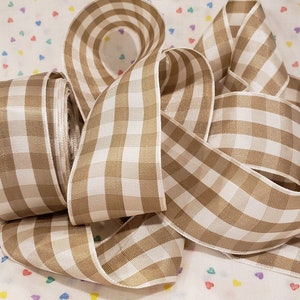 1-1/2" Taffeta Ribbon 1/4 Tan & White Gingham Vintage Old Store Stock BTY