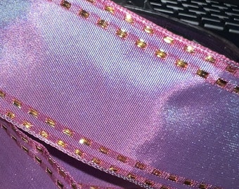 1-1/2" Taffeta Purple Gold Stitching Wired Edge Vintage Ribbon Old Store Stock