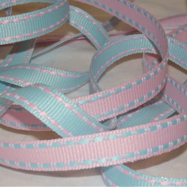 3/8" Saddle stitch Grosgrain Ribbon PINK or BLUE Vintage Old Store Stock BTY