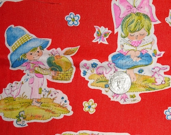 Red Twill with Small Children at the Beach, on the Farm, Remnant Vintage