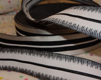 7/8" Reflective Silver Black White Linear & Horizontal Stripes Reversible Ribbon Trim