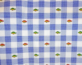 Blue & White Plaid FISH Fabric Marcus Brothers 31” OOP Marcus Brothers