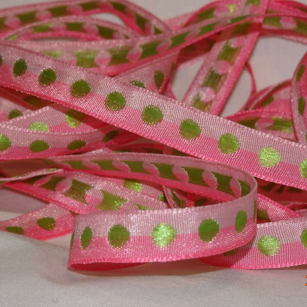 3/8" Taffeta Ribbon Pink Ombre with Lime Green Dots Vintage Old Store Stock BTY