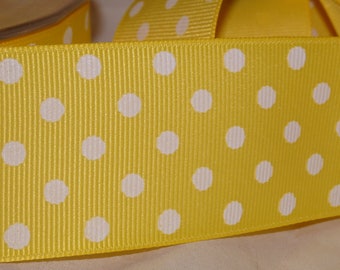 Ruban gros-grain jaune de 1 1/2 po à pois blancs Stock dans l'ancien magasin par mètre