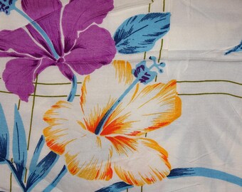 2-3/4 yd Hibiscus Yellow, Blue & Purple Hibiscus on White Plaid Slinky Fabric