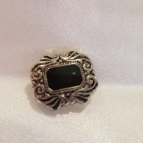 Antique Silver Tone Plastic Button with Black Rectangular 5/8" x 1/2" Shank Back Vintage Buttons Set of 3 Buttons Sweater Jacket Apparel