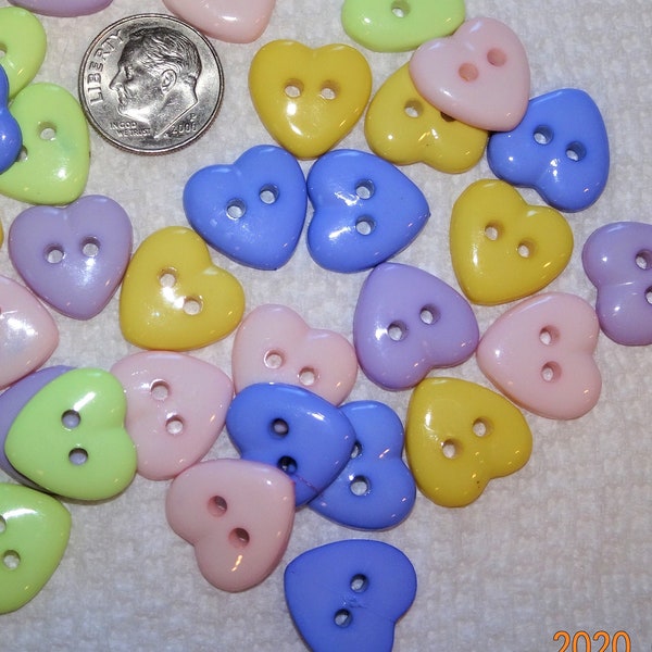 HEART Buttons Flat-Back Sew-thru 5/8" color Choice Pastels Purple Pink Lavender Green Yellow Dolls Millinery Apparel