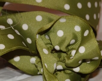 1-1/2" Sage Green Wire Edge Grosgrain Ribbon White Polka Dots Old Store Stock By the Yard