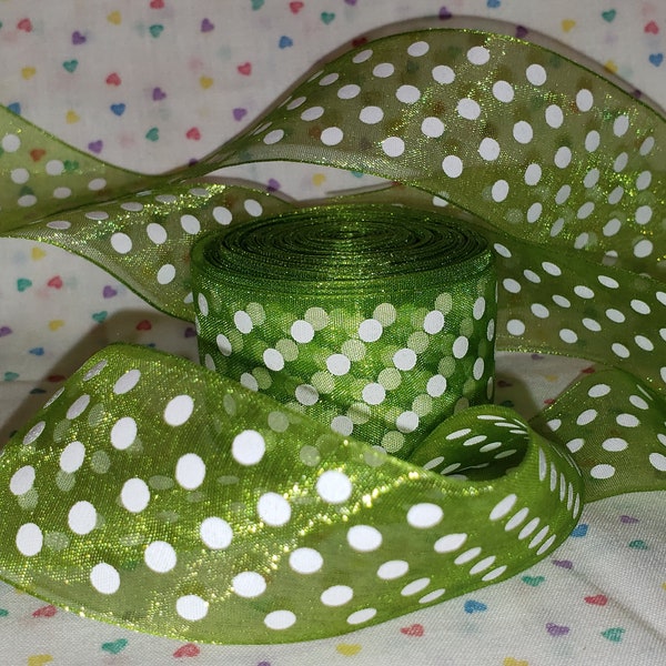 1-1/2" Lime green Organza Ribbon with  Medium White Polka Dots