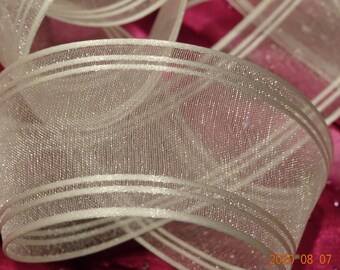 1-1/2" Organza Ribbon Sheer Cream Stripe Vintage Soft Hand Old Store Stock BTY