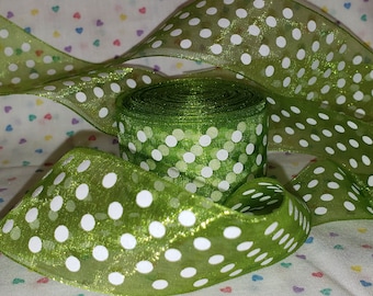 1-1/2" Lime green Organza Ribbon with  Medium White Polka Dots
