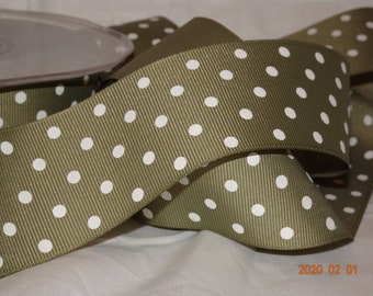 1-1/2" Sage Green Grosgrain Ribbon White Polka Dots Old Store Stock By the Yard