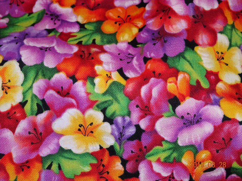 Orange Yellow Flowers /& Green Leaves 100/% Cotton 1yd Cut from Bolt Brightly Colored Floral Print Fabric Purple