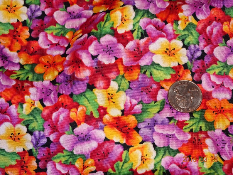 Orange Yellow Flowers /& Green Leaves 100/% Cotton 1yd Cut from Bolt Brightly Colored Floral Print Fabric Purple