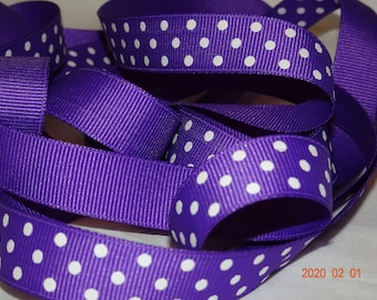 5/8" PURPLE Grosgrain Ribbon Dotted Swiss White Dots Old Store Stock By the Yard